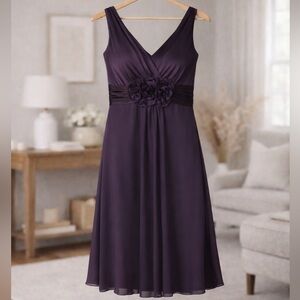 Bill Levkoff Purple Satin Chiffon Dress Size 8 Floral Waist Cocktail Bridesmaid